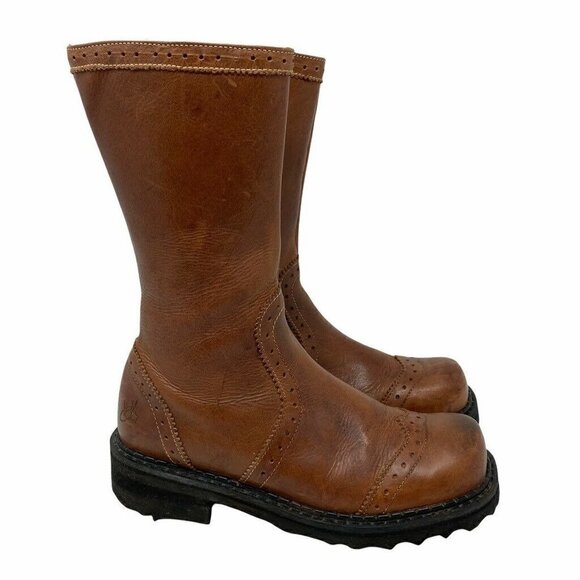 John Fluevog Womens Moto Boots Brown Cuban Heels Round Toe Mid Calf Side Zip 5